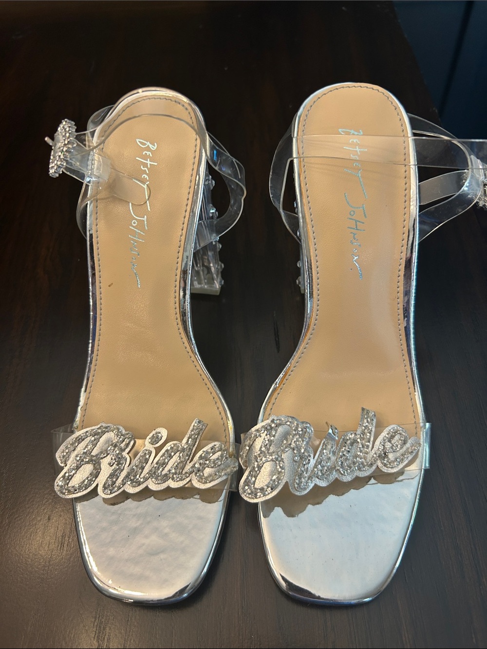 Betsey Johnson Silver Clear 'Bride' Script Block Heels